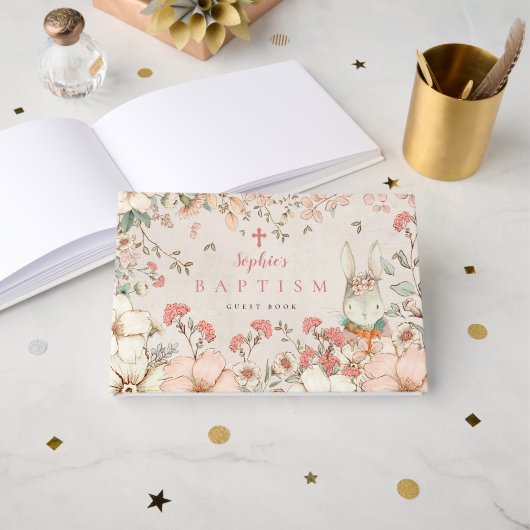 かわいいバニーリーフガール赤面バプテスマ ゲストブック (正面見開き)