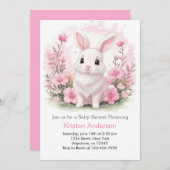 かわいいバニーワイルドフラワーピンクの女の子ベビーシャワー 招待状 (正面/裏面)