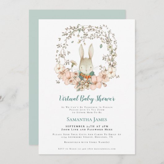 かわいいバニーヴィンテージの葉バーチャルベビーシャワー 招待状 (正面/裏面)