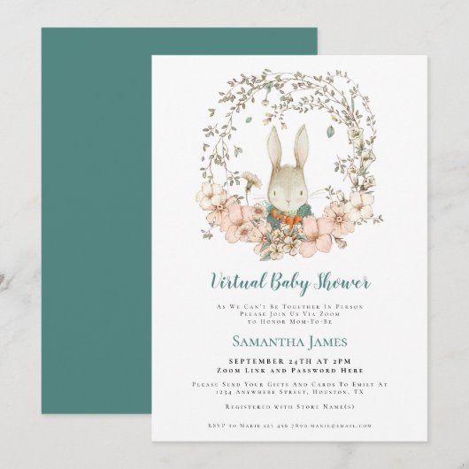 かわいいバニーヴィンテージターコイズバーチャルベビーシャワー 招待状 (正面/裏面)