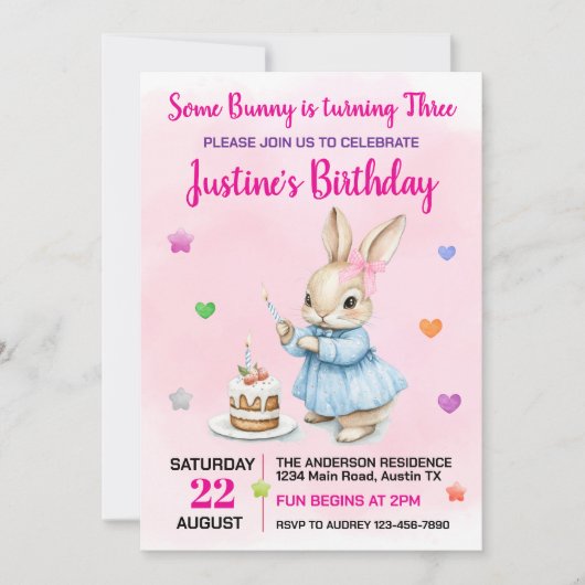 かわいいバニー任意の年齢の誕生日パーティー 招待状 (正面)