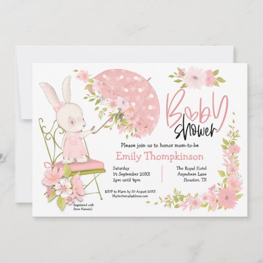 かわいいバニー傘の花ガールベイビーシャワー 招待状 (正面)