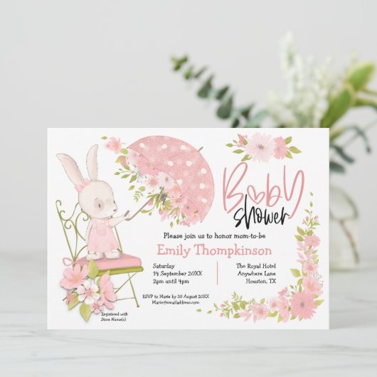 かわいいバニー傘の花ガールベイビーシャワー 招待状 (スタンド正面)