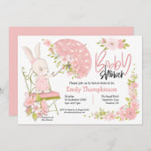 かわいいバニー傘の花ガールベイビーシャワー 招待状 (正面/裏面)