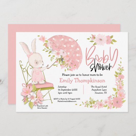 かわいいバニー傘の花ガールベイビーシャワー 招待状 (正面/裏面)