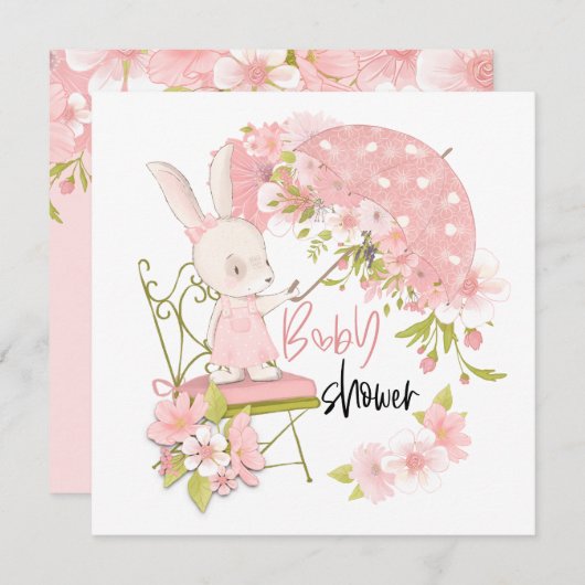 かわいいバニー傘花模様ガールベビーシャワー 招待状 (正面/裏面)