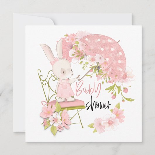 かわいいバニー傘花模様ガールベビーシャワー 招待状 (正面)