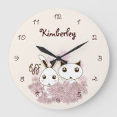 かわいいバニー子猫と動物の友人ガールズキッズ ラージ壁時計 (正面)