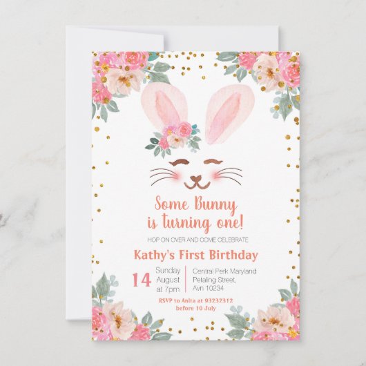 かわいいバニー最初の誕生日の招待の女の子のフローラ 招待状 (正面)