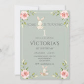 かわいいバニー最初の1歳の誕生日グリーンパーティー 招待状 (正面)