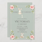 かわいいバニー最初の1歳の誕生日グリーンパーティー 招待状 (正面/裏面)