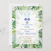 かわいいバニー熱帯緑の少年1歳の誕生日 招待状 (正面)