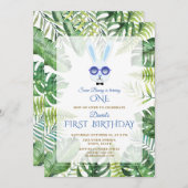 かわいいバニー熱帯緑の少年1歳の誕生日 招待状 (正面/裏面)