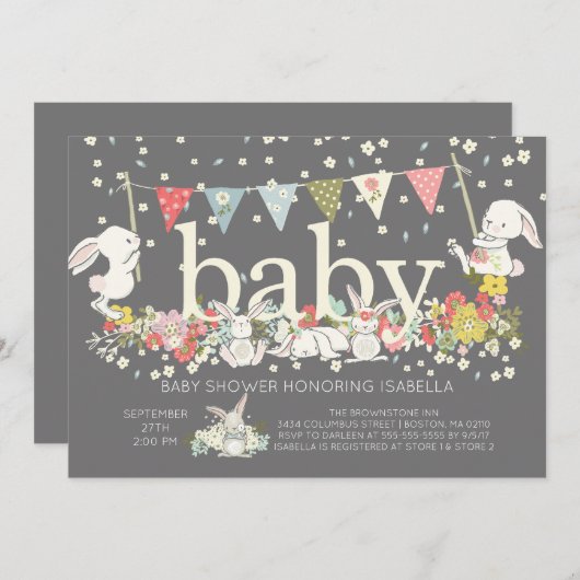 かわいいバニー男女兼用ベイビーシャワー招待状 招待状 (正面/裏面)