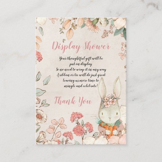 かわいいバニー花模様ベビーガールディスプレイシャワー エンクロージャーカード (正面)