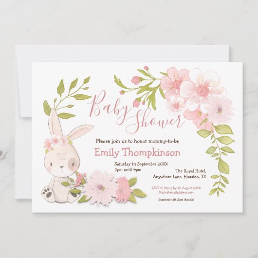 かわいいバニー花葉フレームガールベイビーシャワー 招待状 (正面)