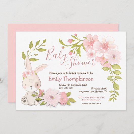 かわいいバニー花葉フレームガールベイビーシャワー 招待状 (正面/裏面)