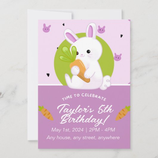 かわいいバニー誕生日パーティーの招待状。編集可能。 招待状 (正面)