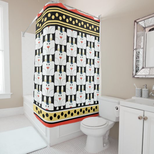 かわいいバニー顔と水玉模様シャワーカーテン シャワーカーテン (インサイチュ)