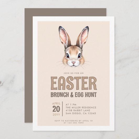 かわいいバニー顔イースターブランチと卵狩り 招待状 (正面/裏面)