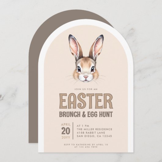 かわいいバニー顔イースターブランチと卵狩り 招待状 (正面/裏面)