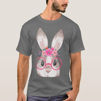 かわいいバニー顔メガネとフローラヘッドバンドハッピー Tシャツ