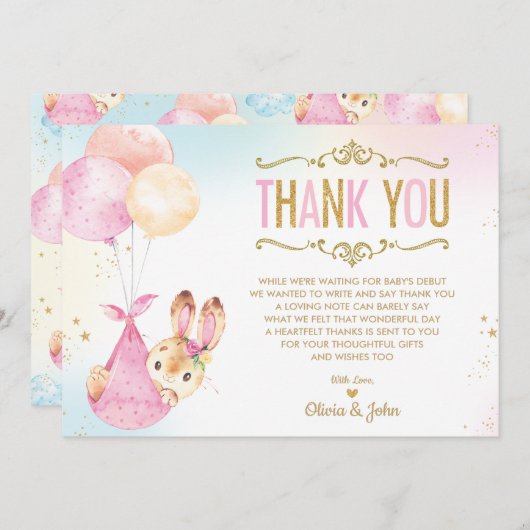 かわいいバニー風船女の子のベビーシャワーが散る サンキューカード (正面/裏面)