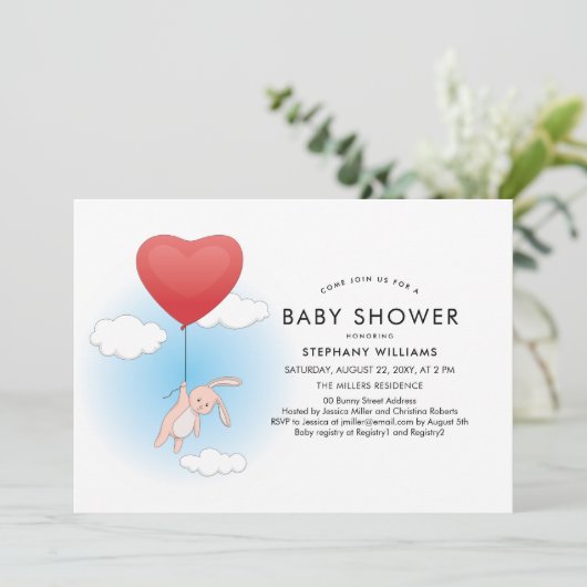 かわいいバニー飛んでいるハートバルーンベビーシャワー招待状 招待状 (スタンド正面)