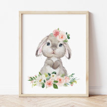 かわいいバニー、ウサギ、ピンクの花、女の子の子供部屋