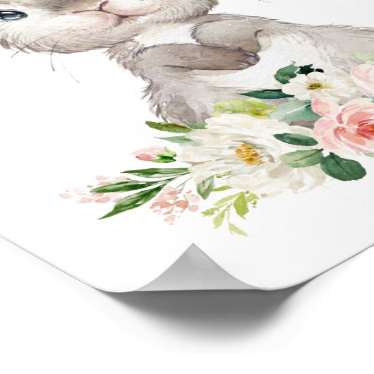 かわいいバニー、ウサギ、ピンクの花、女の子の子供部屋 ポスター (角)