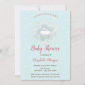 かわいいバニー、クラウド、星の青いドット赤ちゃんシャワー 招待状 (正面)