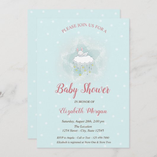 かわいいバニー、クラウド、星の青いドット赤ちゃんシャワー 招待状 (正面/裏面)