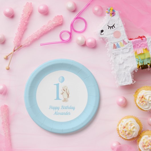 かわいいバニー&バルーンブルーハッピーバースデー1st ペーパープレート (パーティー)