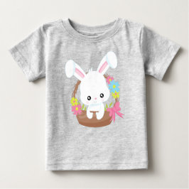 かわいいバニー、白いバニー、ウサギ、バスケット、花 ベビーTシャツ