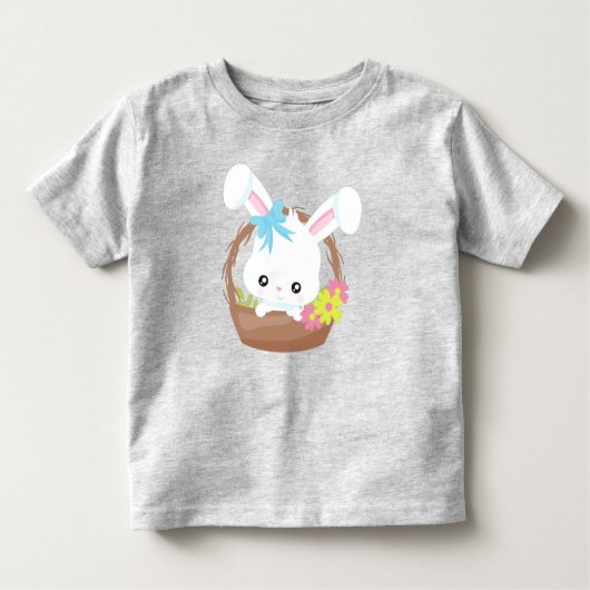 かわいいバニー、白いバニー、ウサギ、花、バスケット トドラーTシャツ (正面)