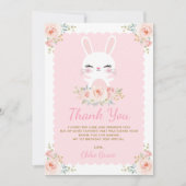 かわいいバニー/赤面のピンクの花のウサギの誕生日 サンキューカード (正面)