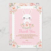 かわいいバニー/赤面のピンクの花のウサギの誕生日 サンキューカード (正面/裏面)