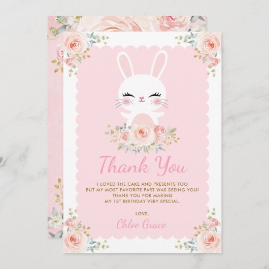 かわいいバニー/赤面のピンクの花のウサギの誕生日 サンキューカード (正面/裏面)