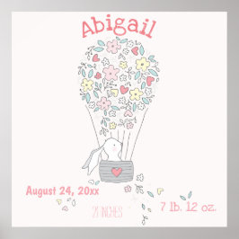 かわいいバニーinエアバルーン誕生統計子供部屋アート ポスター