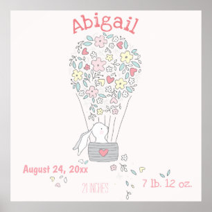 かわいいバニーinエアバルーン誕生統計子供部屋アート ポスター