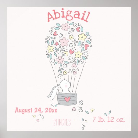 かわいいバニーinエアバルーン誕生統計子供部屋アート ポスター (正面)