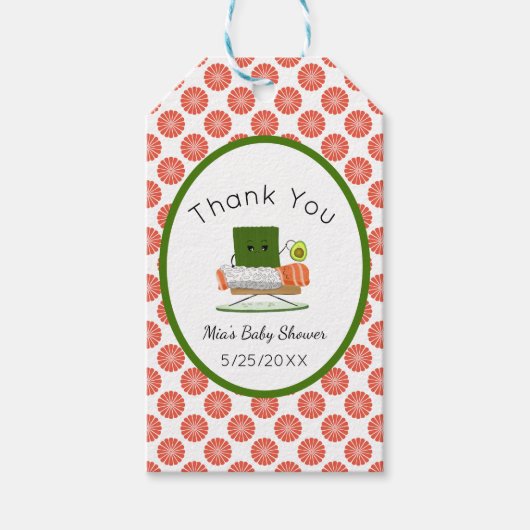 かわいいバビシャワー寿司とサーモン転がテーマ ギフトタグ (正面)