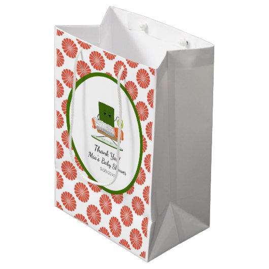 かわいいバビシャワー寿司とサーモン転がテーマ ミディアムペーパーバッグ (正面アングル)