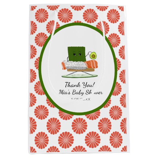 かわいいバビシャワー寿司とサーモン転がテーマ ミディアムペーパーバッグ (正面)