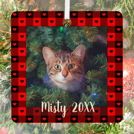 かわいいバフアロープレイドのハート カスタム猫 ペット クリスマス メタルオーナメント