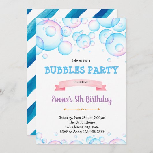 かわいいバブル誕生日パーティーの招待 招待状 (正面/裏面)