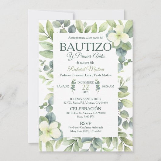 かわいいバプテスマと最初の誕生日グリーン離れ 招待状 (正面)