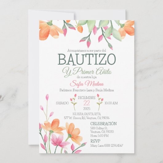 かわいいバプテスマと最初の誕生日水彩花 招待状 (正面)