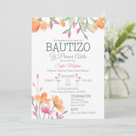 かわいいバプテスマと最初の誕生日水彩花 招待状 (スタンド正面)