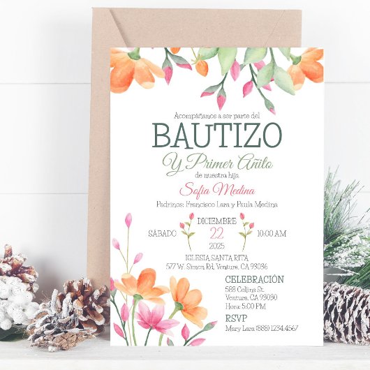 かわいいバプテスマと最初の誕生日水彩花 招待状